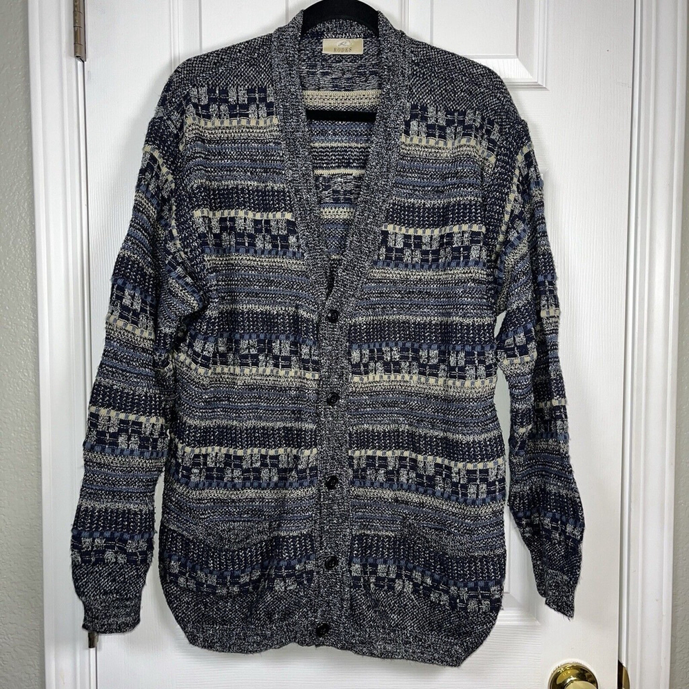 RODES Mens Cardigan Sweater Size XL Blue Striped Textured Knit Grandpa 90s